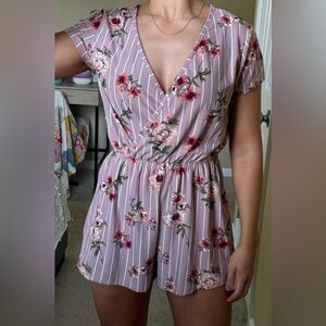 Floral striped short sleeve romper
